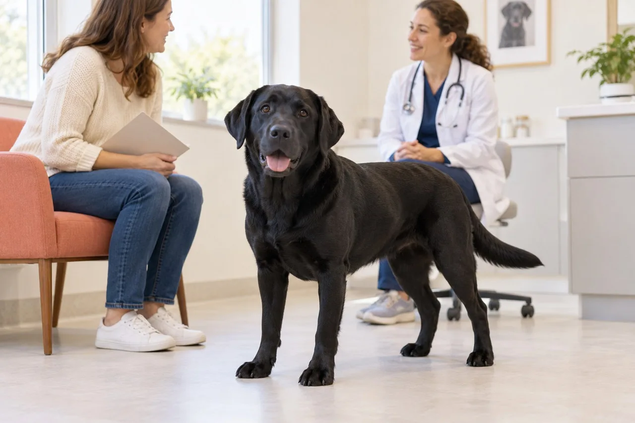 Black dog standing in a veterinary consultation room beside its owner