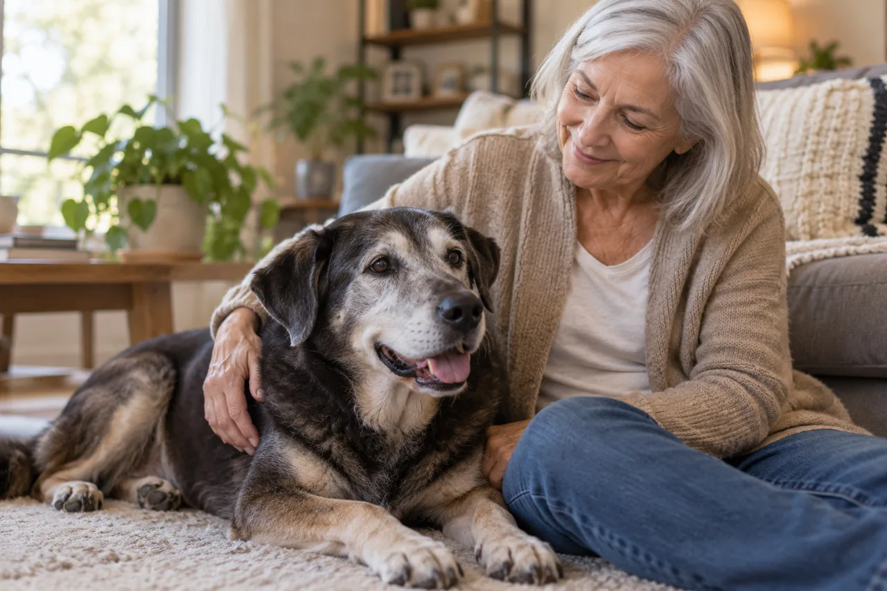 Owner sitting beside a resting gray dog